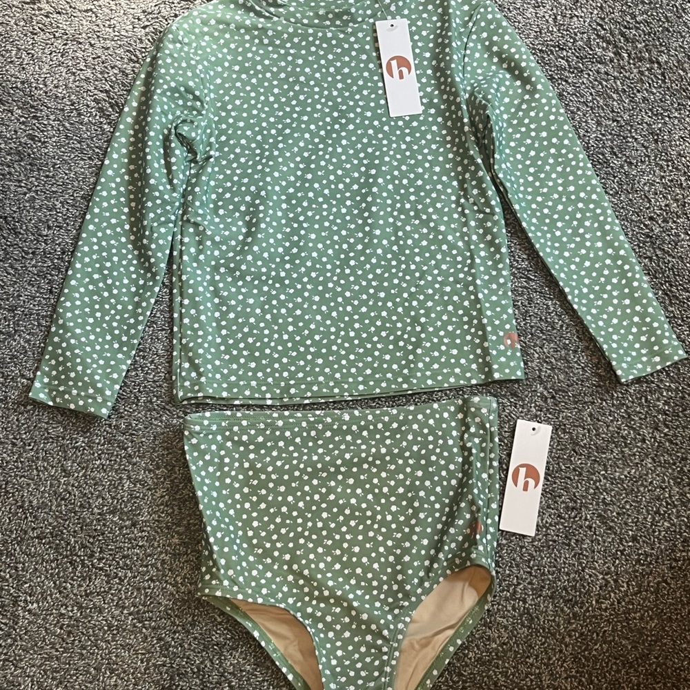 NWT Kids Green floral Long-Sleeve Rash Guard Top & Bikini Bottom Set